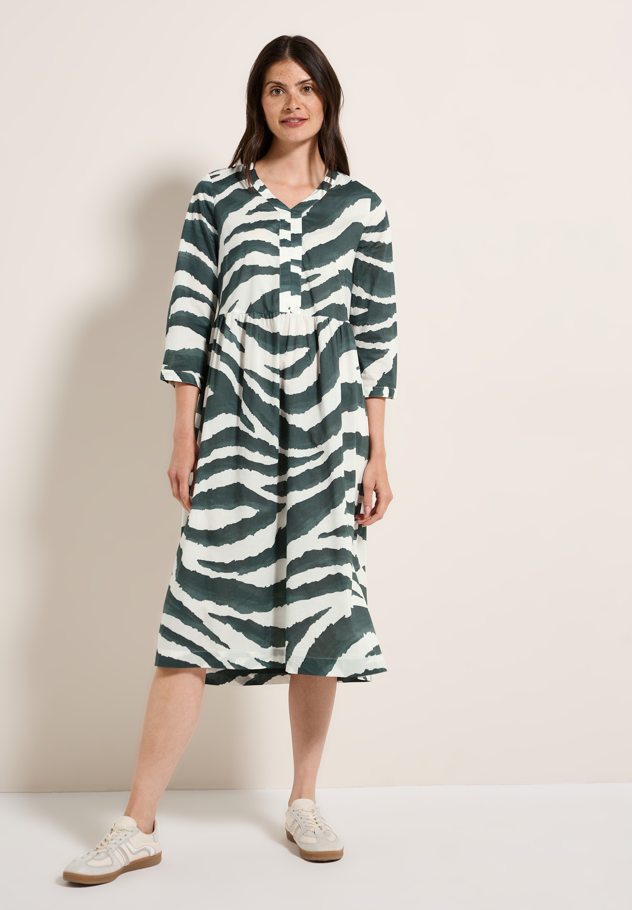 Tunikakleid CECIL, Damen, Gr. XL44, US-Größen, grün (schwarz balmy khaki), Web, 100% Baumwolle, bedruckt, normal wadenlang, V-Ausschnitt, abgesteppt, Kleider, mit Print