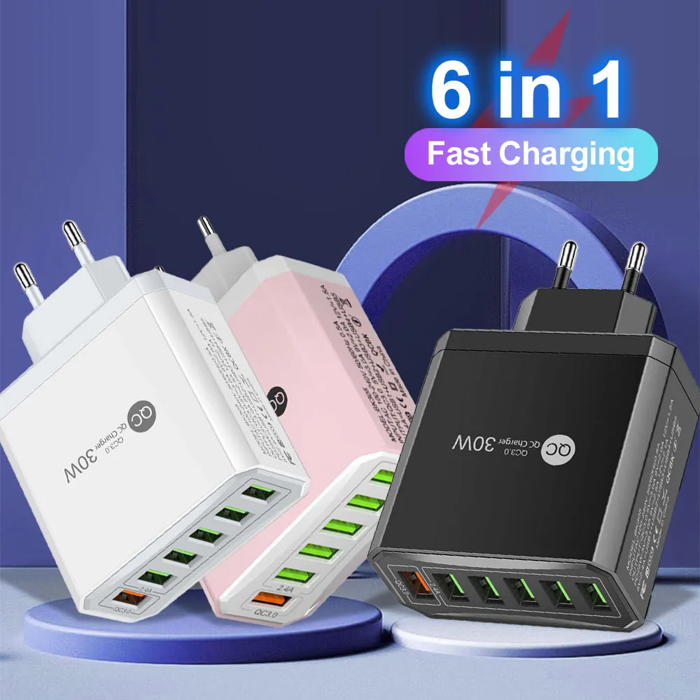30 W 6 USB-Ladegerät 6 Ports Schnelllade-Wandladegerät für iPhone 14 15 Pro oder Samsung Galaxy S23 Xiaomi 14 Handy-Ladegerät Image