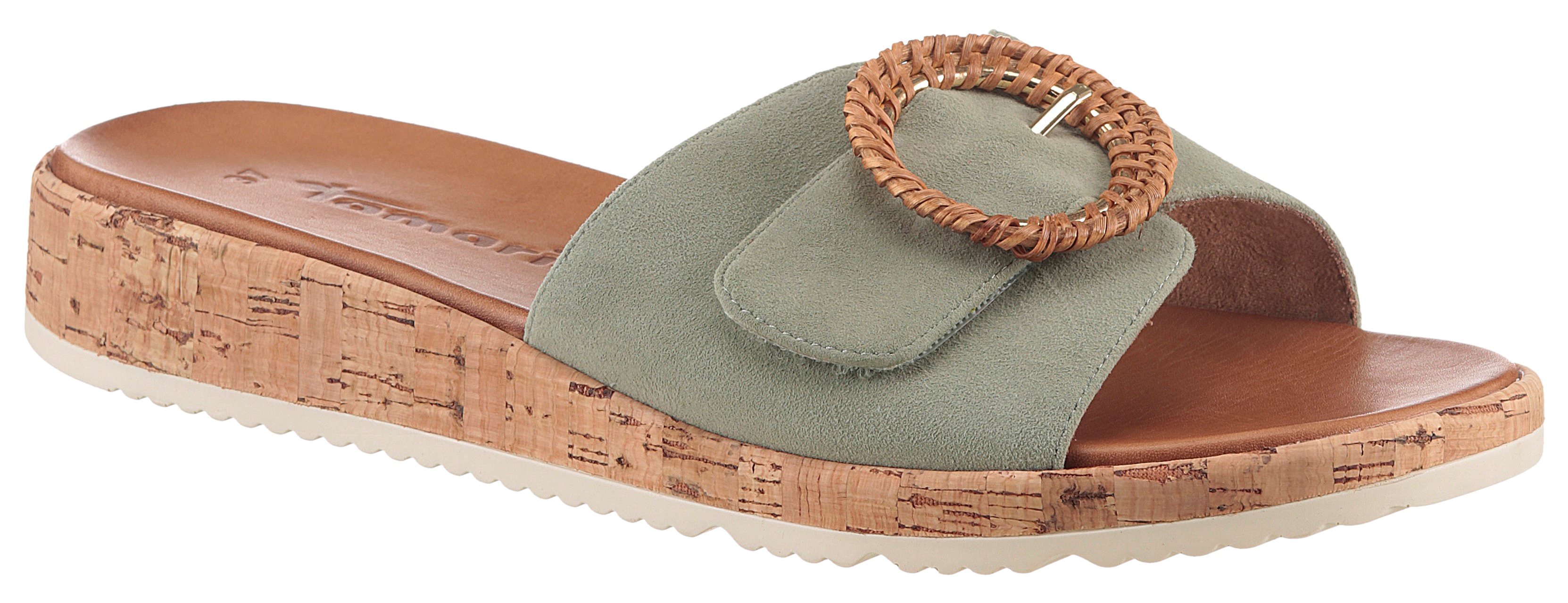 Pantolette TAMARIS, Damen, Gr. 39, grün (mintgrün), Ziegenveloursleder, Schuhe Pantolette, Keilabsatz, Sommerschuh, Schlupfschuh mit hübscher Zierschnalle