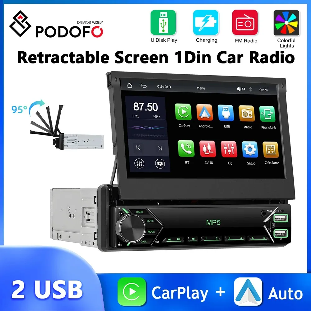 Podofo 1din mp5 player carplay android auto versenkbarer bildschirm multimedia player spiegel link bluetooth fm usb typ-c auto stereo Image