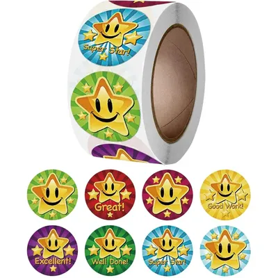 500Pcs/Roll Cartoon Stars Smile Reward Encourage Stickers,2.5cm/1.0inch Round Perfect For Learning Rewards Game Party Gift Seal