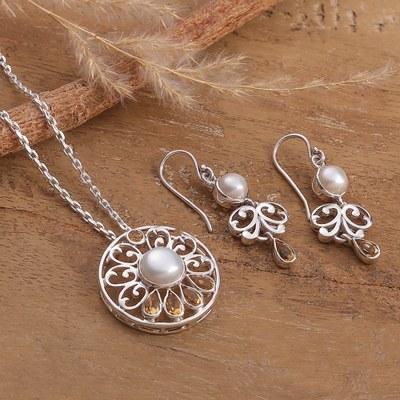 'Spring-Themed Cream Pearl and Faceted Citrine Jewelry Set'