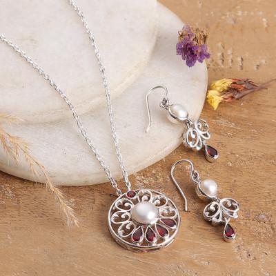 Romantic Sparkle,'Natural Cream Pearl and Faceted Garnet Floral Jewelry Set'