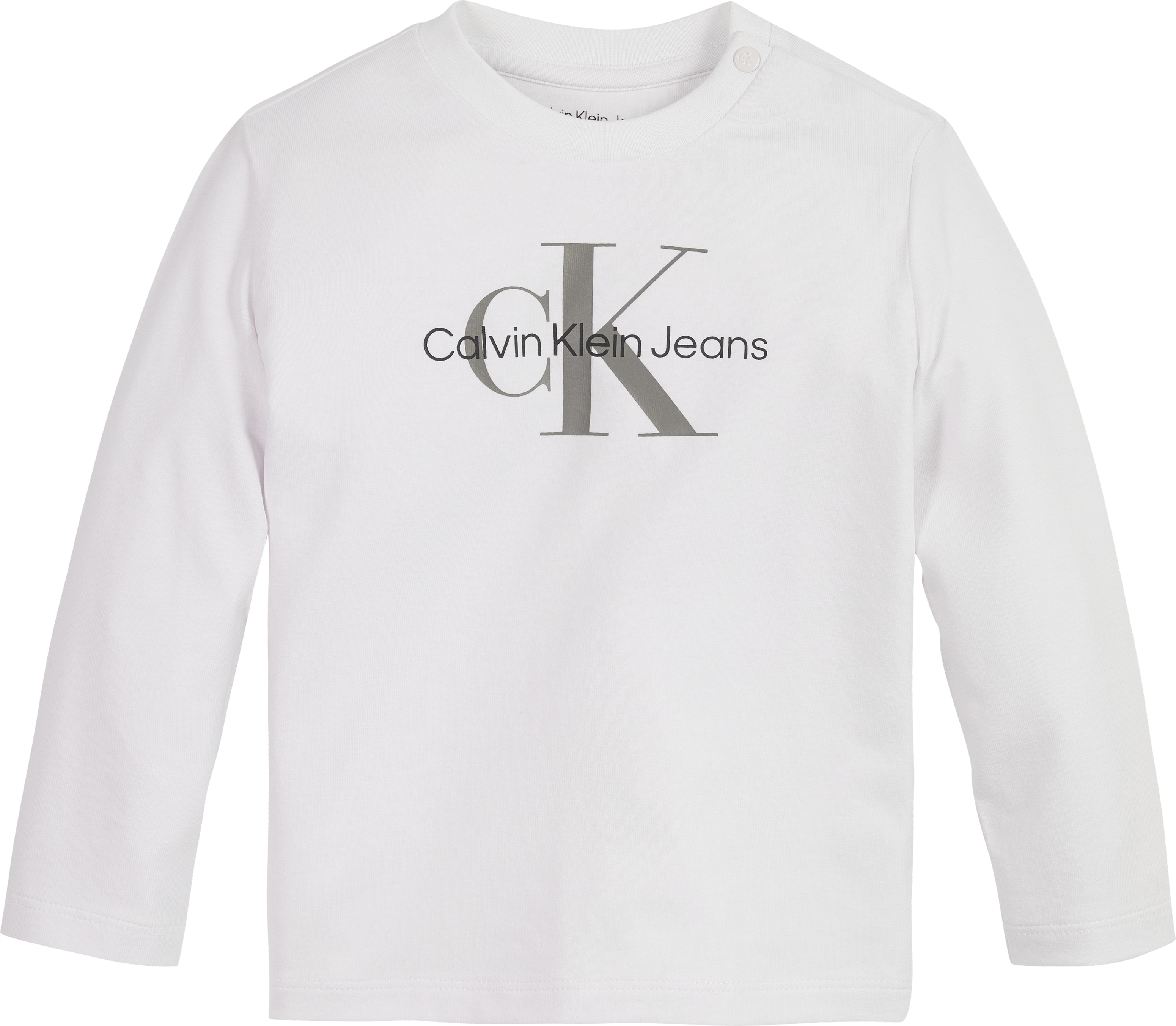 Langarmshirt CALVIN KLEIN JEANS "MONOGRAM LS T-SHIRT", Baby, Gr. 80, weiß (hellweiß), Jersey, Obermaterial: 93% Baumwolle, 7% Elasthan, unifarben, regular fit hüftlang, Rundhals, Shirts, für Babys bis 2 Jahre, mit großem Druck Image