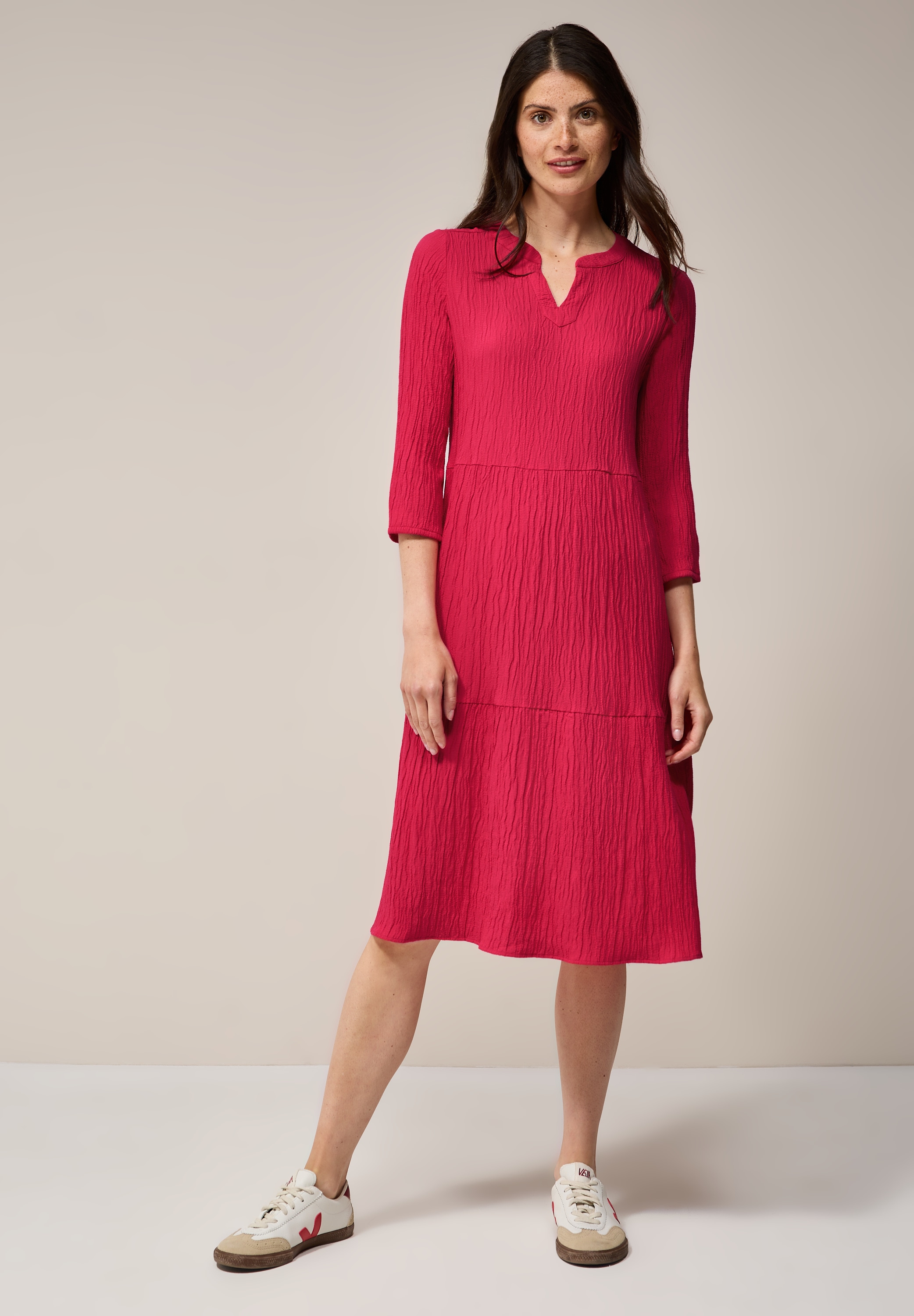 Midikleid CECIL, Damen, Gr. XXL46, US-Größen, rot (glazed apple rot), Stoff, 56% Viskose, 43% Polyester, 1% Elasthan, unifarben, normal knielang, Rundhals, Bündchen, Kleider Midikleid, knielang