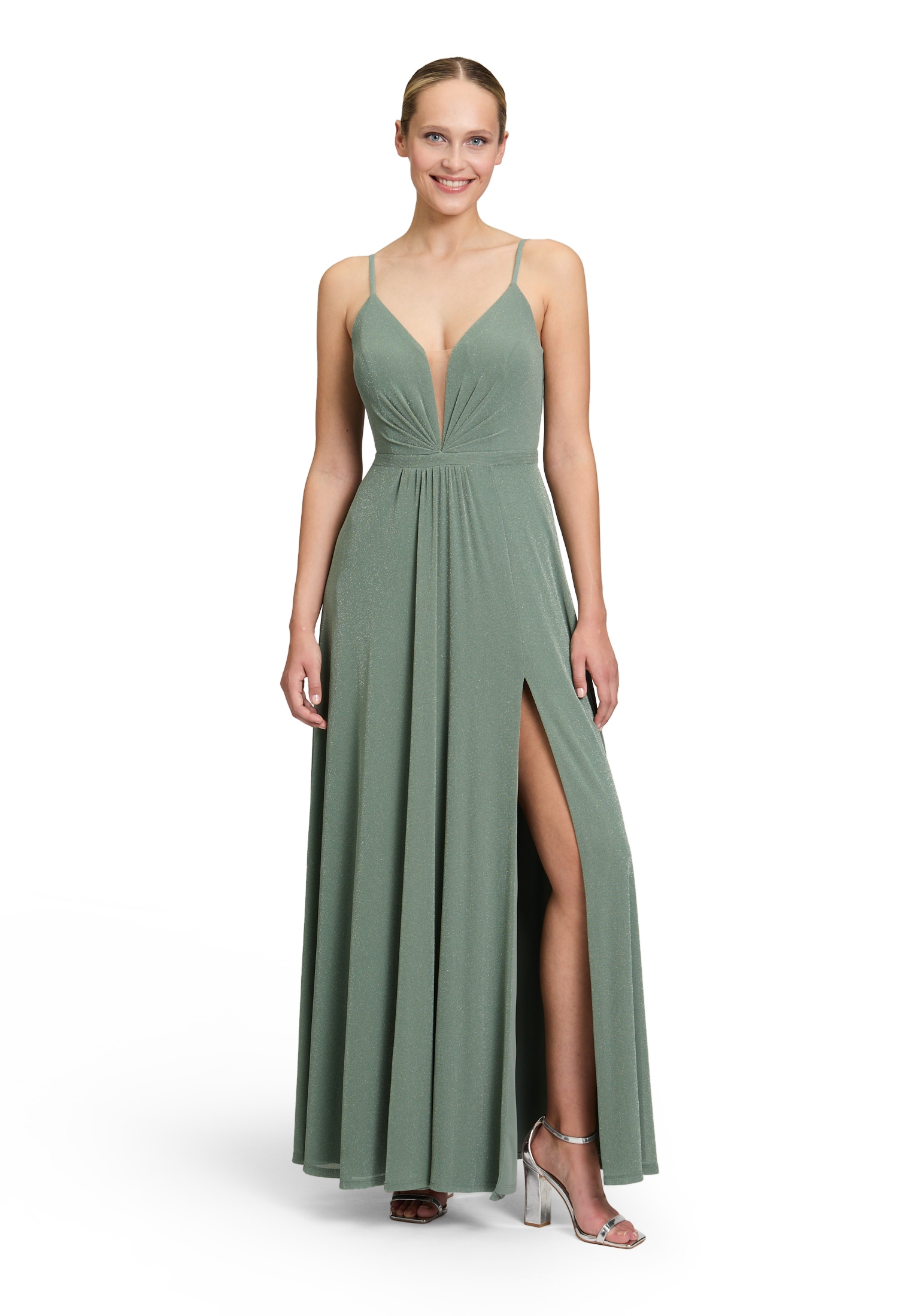 Abendkleid VERA MONT "Damen Abendkleid mit Lurexfaden", Damen, Gr. 32, Normalgrößen, bunt (grün, silber), Obermaterial: 92% Polyamid, 5% Polyester metallisiert, 3% Elasthan. Besatz: 100% Polyamid. Futter: 100% Polyester., festlich, ausgestellt lang,... Image