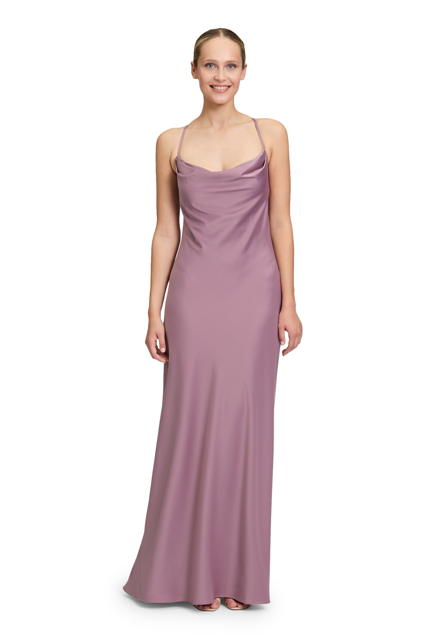 Abendkleid VERA MONT "Damen mit Wasserfallausschnitt", Damen, Gr. 44, Normalgrößen, lila (powder lila), Obermaterial: 97% Polyester, 3% Elasthan; Futter: 100% Polyester, figurumspielend lang, Wasserfallausschnitt, Kleider Abendkleid