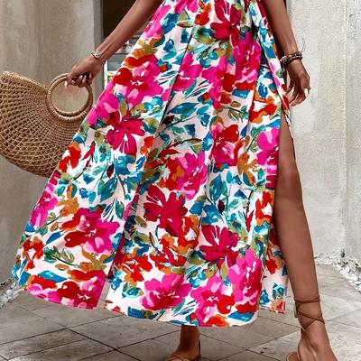 TEMU Women's Vibrant Tropical Floral Print High-waisted Maxi Skirt With Front Slit - Casual Summer Skirt, Machine Washable Polyester, Lightweight & Image