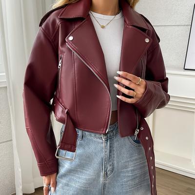 TEMU Ly Lin Women's Casual Loose Fit Short Pu Leather Jacket With Adjustable Belt, Drop Shoulder Sleeves & Flared Hem - Spring/autumn Versatile Outerwear For Casual Image