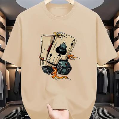 TEMU Men's Spades A Graphic Print Crewneck T-shirt - 100% Polyester 180gsm Breathable Regular Fit Casual Short Sleeve Tee For Summer Outdoor Sports & Image