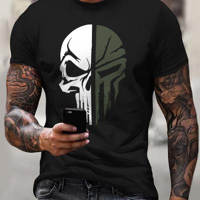 TEMU Men's Skull Print Crew Neck Short Sleeve T-shirt - Black With Graphic, Regular Fit Casual Tee For Wear, Machine Washable, City , Streetwear & Outdoor Activities, Medium Elasticity Fabric Image