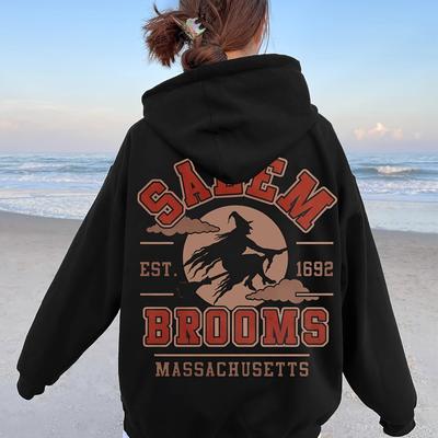TEMU Women's Halloween Print Hoodie - Cozy Drawstring Pullover For Fall & Winter, Machine Washable Image
