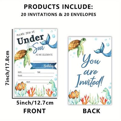 TEMU 20pcs Under The Sea Birthday Party Invitations With Envelopes, Cartoon Themed, Unisex, Paper, For Boys & Girls, Holiday & General Use, Christmas, , Thanksgiving Image