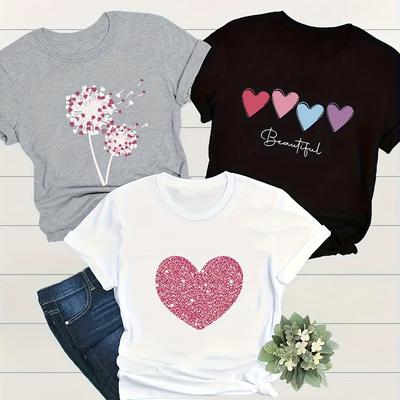 TEMU 3pcs Set Plus Size Letter Print T-shirts, Short Sleeve Round Neck Casual Tops For Summer And Spring, Women's Plus Size Clothing Image
