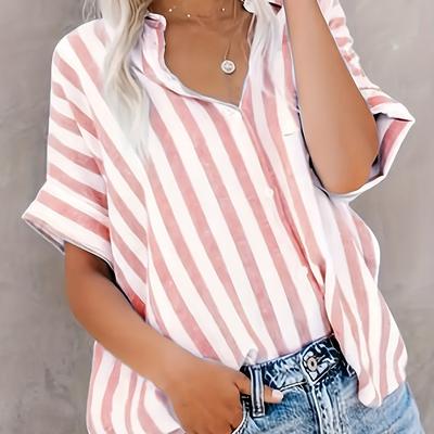 TEMU Women' Striped Short Sleeve Button-up Shirt - Casual , Semi-sheer, Machine Washable, Spring/summer, Summer Clothing | Collar | Semitransparent Fabric Image