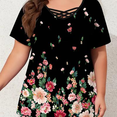 TEMU Women's Elegant Floral Print Plus Size T-shirt - Short Sleeve, 3d Strap Neckline, Comfortable Stretch Fabric, Fashion, Floral Top|elegant Neckline|stretchy Fabric Image