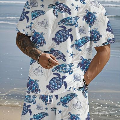 TEMU Men's Vintage-inspired Turtle And Starfish Print T-shirt & Shorts Set - Casual Summer Outfit, Crew Neck, Short Sleeve, Beachwear, Summer Casual Wear| Print|glossy Image