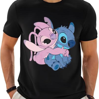TEMU Men's Officially Licensed Stitch & Hug Graphic T-shirt - Soft Cotton, Casual Relaxed Fit, Short Sleeve Round Neck Tee For Casual Attire & Outdoor Fun, Comfortable Leisurewear | Printed Fabric Image