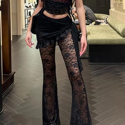 TEMU Gothic Wide-leg Black Asymmetrical Lace Cut-out Fitted Long Pants, Stylish And Comfortable For Casual Vacations And Party Bell-bottoms. Image