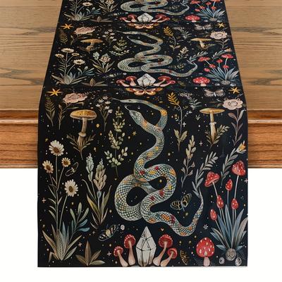 TEMU 1pc Whimsical Mushroom Table Runner - Vibrant Polyester Rectangular Kitchen Dining Decor For Parties, Home & Restaurant Tablecloth, Decor | Fabric Image