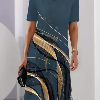 TEMU Women's Elegant Geometric Print Short Sleeve Dress - Navy Blue With Golden Accents, Comfortable Knit Fabric, Style For Spring/summer Image