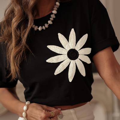 TEMU Women's Summer Casual Floral Print Round Neck Short Sleeve T-shirt - 95% Polyester 5% Elastane Stretch, Lightweight 200gsm Breathable Fabric, Machine Washable, Black With White For Spring/summer Image
