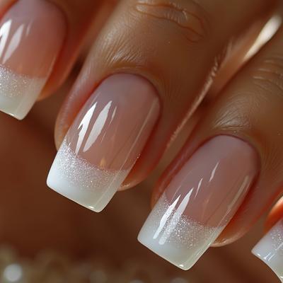 TEMU 24pcs Minimalist French Nail Set, Nude And White, Square Shape, Medium Length, With Glitter Accents, Includes A Nail File And Jelly Glue, Suitable For Women And S Image