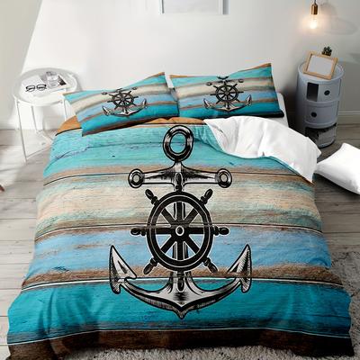 TEMU 2/3pcs Bedding Anchor Print Quilt Cover, Polyester 100%, 90g/㎡, Machine Washable, Zipper Closure, Digital Printing, Woven Fabric, , For Boys And Girls Bedroom Image