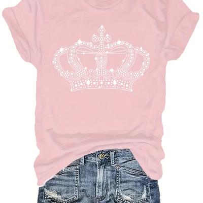 TEMU Plus Size Crown Print T-shirt, Casual Crew Neck Short Sleeve Top For , Women's Plus Size Clothing Image