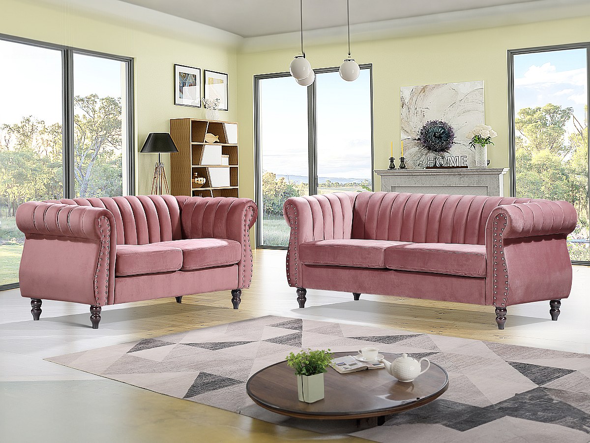 Divani Chesterfield 3 posti e 2 posti in Velluto Rosa antico - TRUMBO