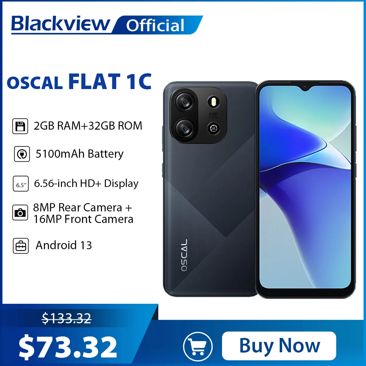 Blackview OSCAL FLAT 1C Mobiltelefon Android 13, 2 GB 32 GB Günstiges 6,65-Zoll-Smartphone, 4700-mAh-Akku-Handy mit entsperrtem Gesicht, 4G Image