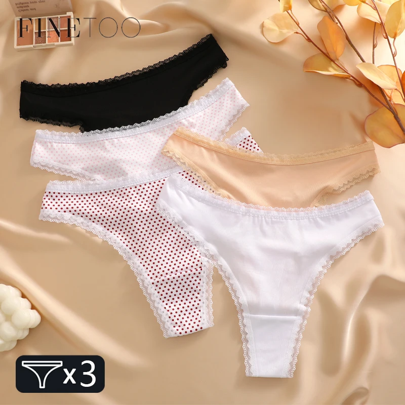 FINETOO 3-teilige nahtlose Punktdruck-Unterwäsche für Damen, Spitzenhöschen, sexy Tangas mit niedriger Taille, atmungsaktiver G-String für Mädchen, ultraweicher T-Rücken Image