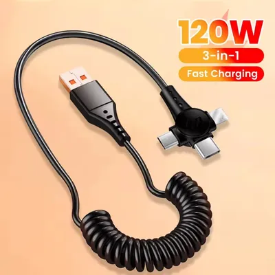 120 W 3-in-1 Handy-Schnelllade-Datenkabel für iPhone Huawei Xiaomi Superschnelles Ladefeder einziehbares Datenkabel Image