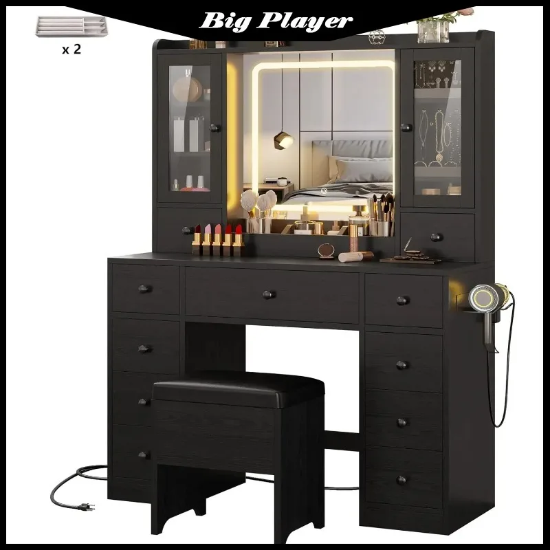 Schminktisch mit Schmuckschrank, Aufbewahrungsbank und 11-Schubladen-Schminktisch mit LED-Leuchten, Spiegel und Ladestation, Make-up