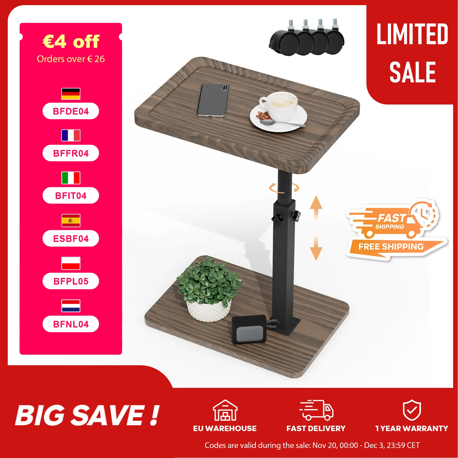 ROYGBIV Beistelltisch mit Rollen – Flexibler Side Table, Höhenverstellbarer Beistelltisch Holz für Wohnzimmer und Büro Image