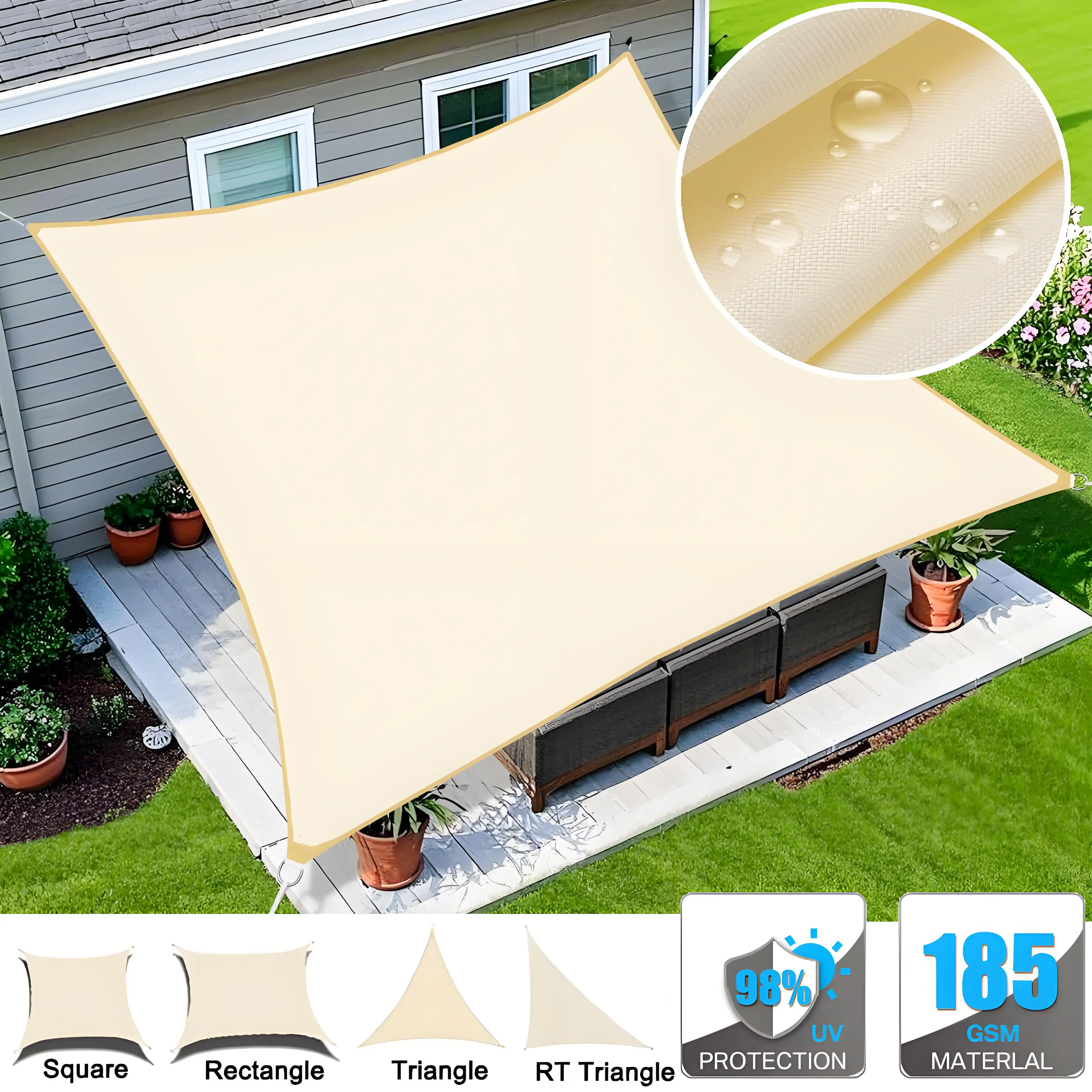 Beige Sonnensegel, wasserdicht, für den Außenbereich, Gartensegel, Baldachin, Terrasse, Party, Sonnenschutz, Markise, 98 % UV-Block-Schattenstoff mit kostenlosem Seil Image
