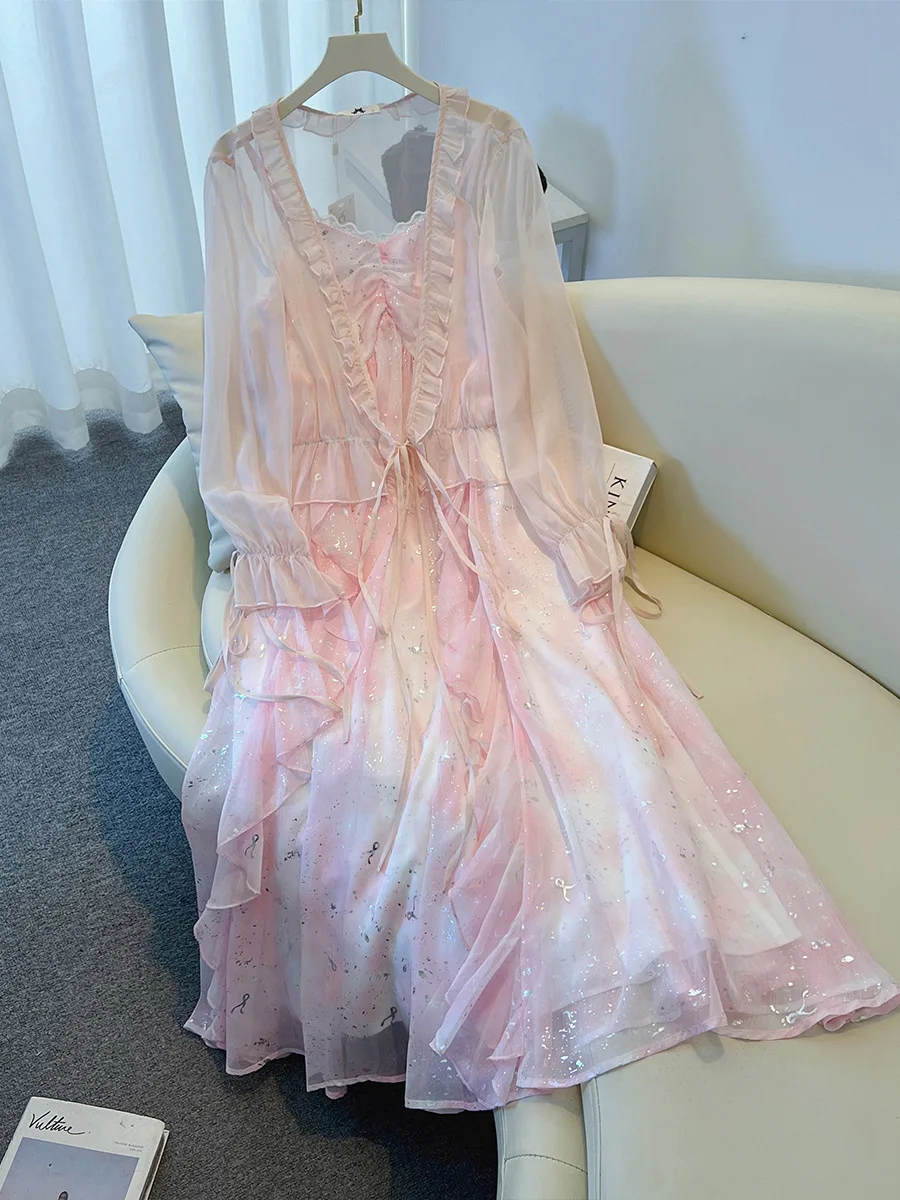 150 kg Übergröße Damen Büste 147 Sommer Lose Pailletten Leibchen Kleid Schal Set Rosa 5XL 6XL 7XL 8XL 9XL Image
