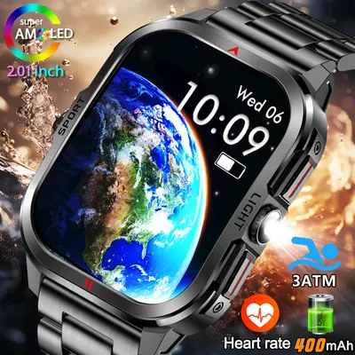 2025 neue Smart Uhr Männer 2,01 "HD Bildschirm 3ATM Wasserdichte Taschenlampe 400 mAh Batterie Herzfrequenz Sport BT anruf Smartwatch Für Xiaomi Image