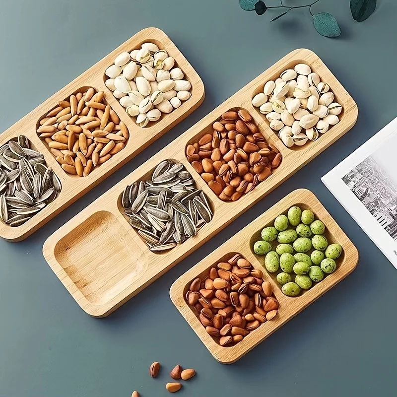 1 Stück 4-teiliges Bambus-Snack-Serviertablett – ideal für Nüsse, Obst und Süßigkeiten, Esszimmer oder Zen-Teezimmer-Dekoration Image