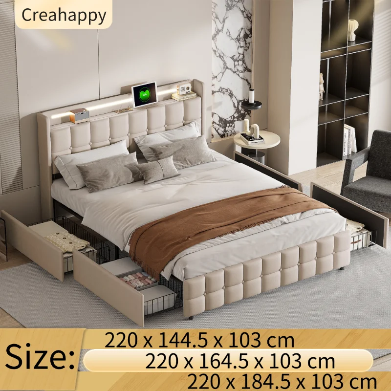 Creahappy Polsterbett – Doppelbettgestell mit wiederaufladbarem USB-Kopfteil, LED-Beleuchtung und 4 Schubladen – Beige Image