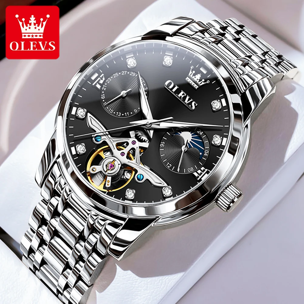 OLEVS 6703 Marke Exklusive automatische mechanische Uhr für Mann Skelett Schwungrad Mondphase Kalender Zirkon Skala Herren-Armbanduhr Image