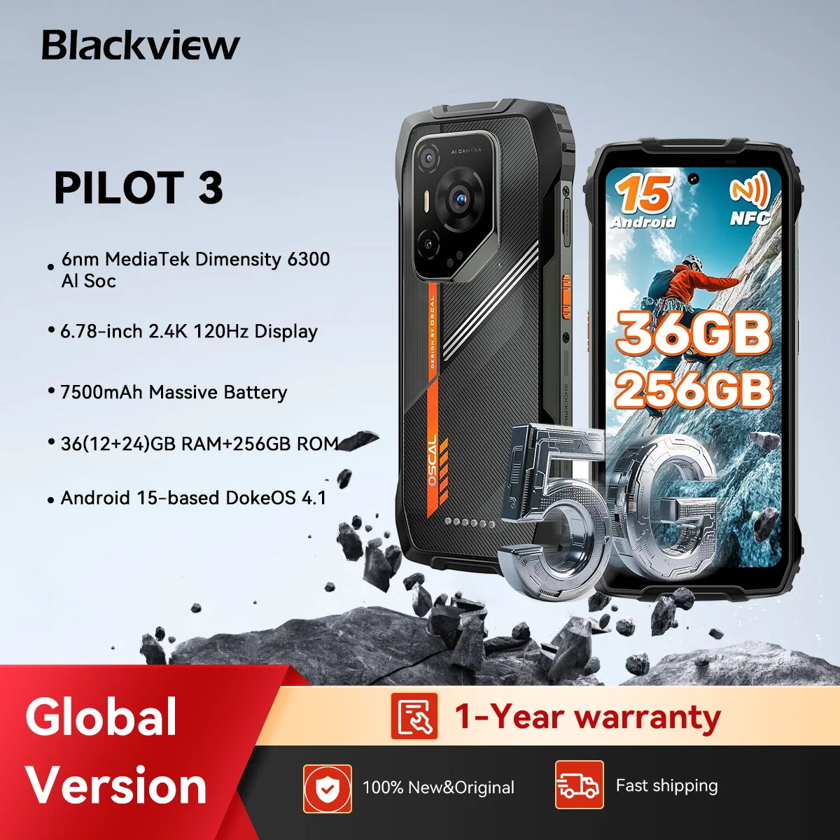 Blackview OSCAL PILOT 3 5G AI Robustes Smartphone MTK 6300, 6,78" FHD+2,4K-Display 120 Hz, 12+24 GB RAM, 256 GB+2 TB ROM, 7500 Amh, Image
