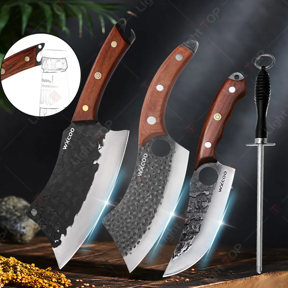 Multifunktionale geschmiedete Küchenmesser, Edelstahl, Metzger, Ausbeinen, Kochmesser, Flaschenöffner, Allzweckmesser, ergonomischer Griff Image