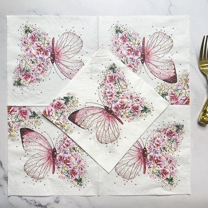 20 stücke 33 cm 2 Schicht Neue Schmetterling Gedruckt Servietten Rosa Schmetterling Blumen Party Dekoration Papier Picknick Matte DIY Decoupage papier Image