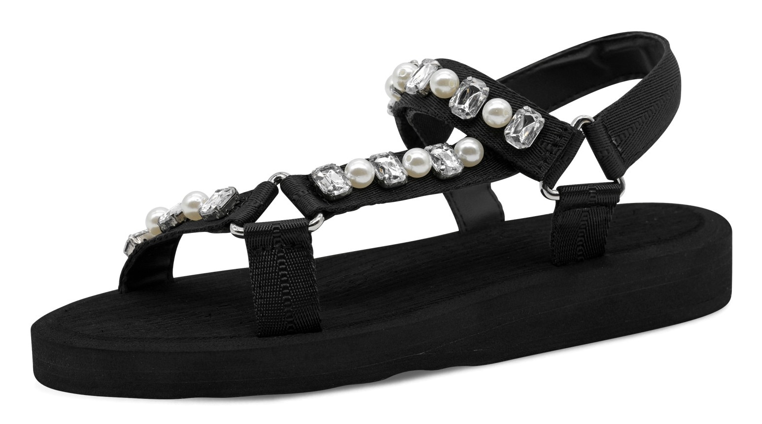 Riemchensandale TAMARIS, Damen, Gr. 38, schwarz, Textil, Schuhe Riemchensandale, Keilabsatz, Plateau, Sandalette, Sommerschuh mit Schmucksteinen