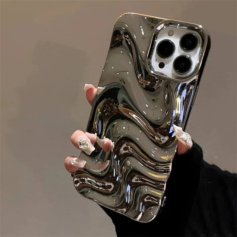 A silver-plated 3D personalized water wave pattern phone case, suitable for iPhone 11, iPhone 13, iPhone 14 Pro Max, iPhone 15,