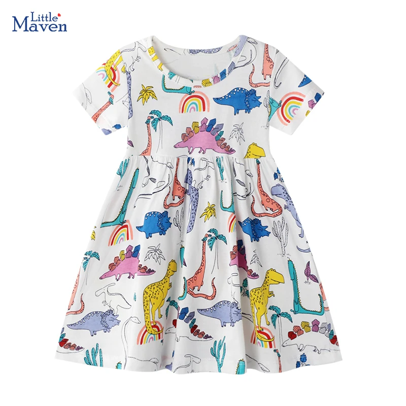 Little Maven Kinderkleidung für Babys, Mädchen, 2025, Sommer-Kinderkleidung, Baumwolle, Cartoon, Regenbogen, Dinosaurier, Kleider, Geburtstagsgeschenke Image