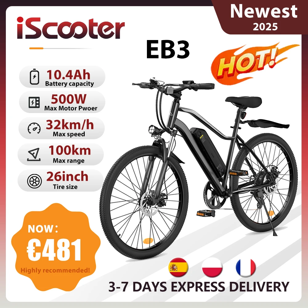 IScooter Elektrofahrrad EB3 für Erwachsene, E-Bike, elektrisches Citybike, 250 W Motor, 36 V, 10,4 Ah, abnehmbare Lithiumbatterie, Pendler-E-Bike Image