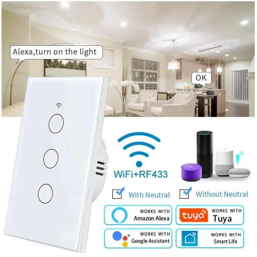 Tuya WiFi Smart Lichtschalter US-Standard Funktioniert mit Alexa Google Home Wand-Touch-Schalter 1 2 3 4 Gang 110 V 220 V RF433 MHz Fernbedienung Image
