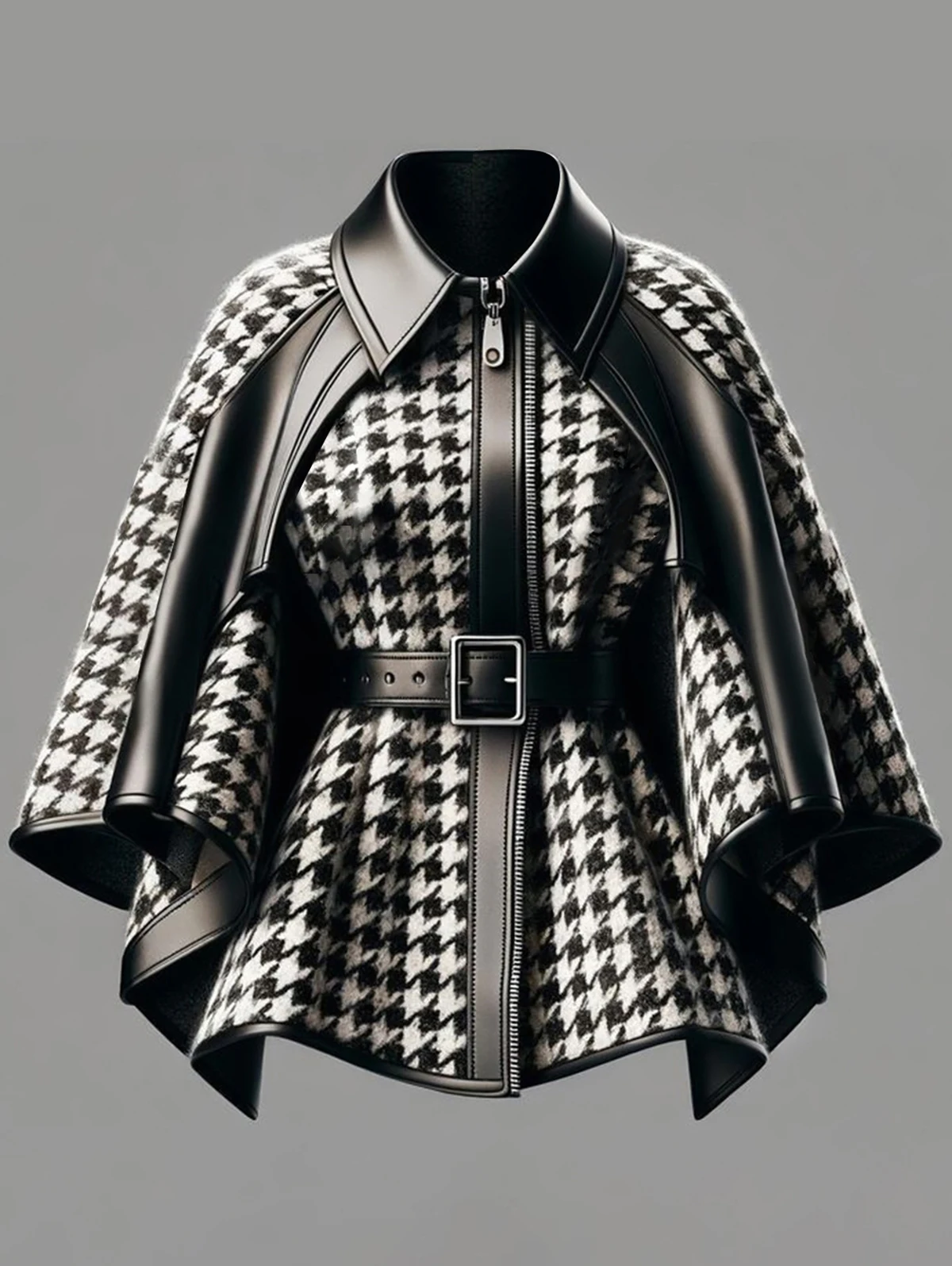 Damenjacke mit Hahnentrittmuster, asymmetrische Cape-Ärmel, modischer Harajuku-Street-Style, lockere Jacke mit Reißverschluss Image